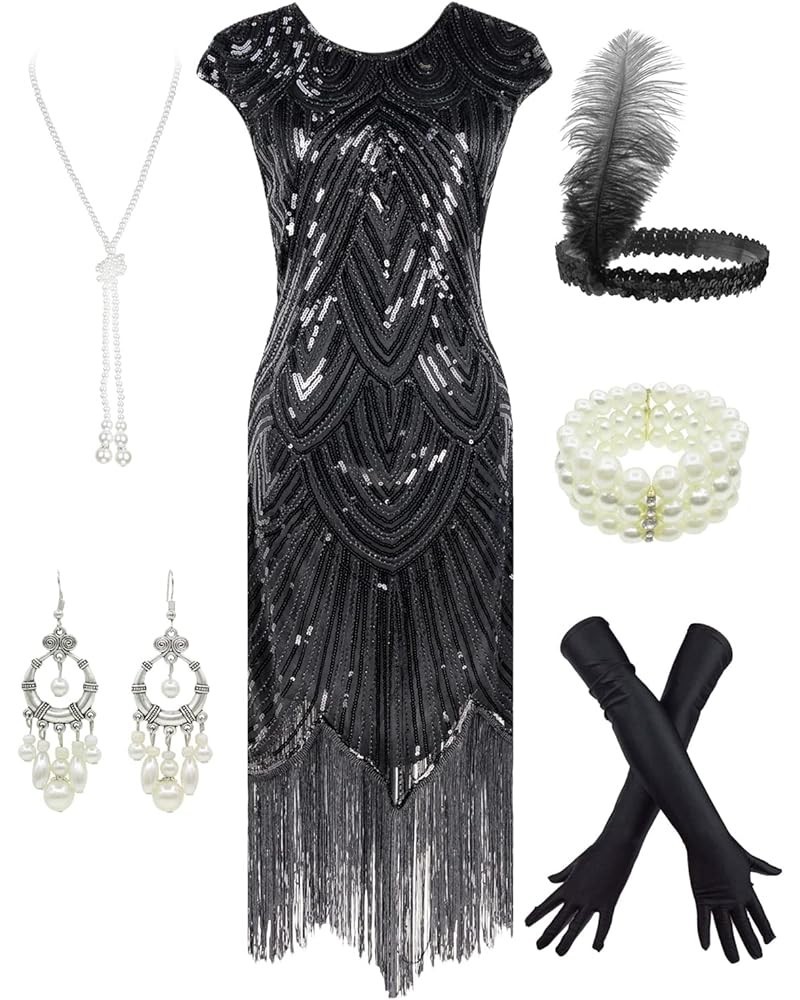 Women's 1920s Sequins Flapper Gatsby Cocktail Dress with 20s Headband Accessories Set Style Sequins 2 Black $27.45 Sets