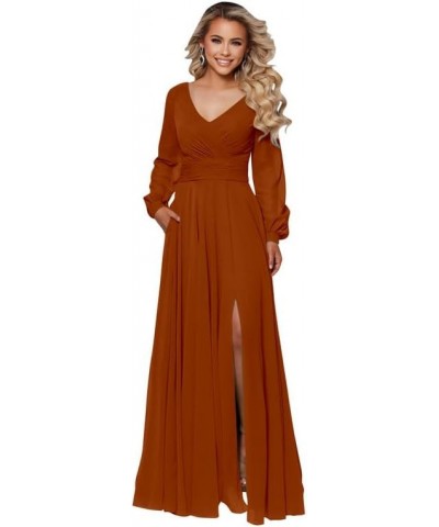 Long Sleeve Bridesmaid Dresses with Slit for Women Ruched A Line Chiffon Formal Evening Dress Burnt Orange $33.79 Dresses