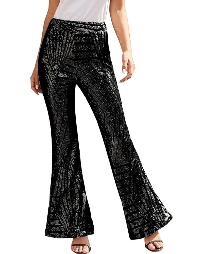 Sequin Pants Women High Waisted Sequin Wide Leg Sparkle Pants Loose Shiny Party Clubwear Bling Glitter Trousers Pants Z5-blac...