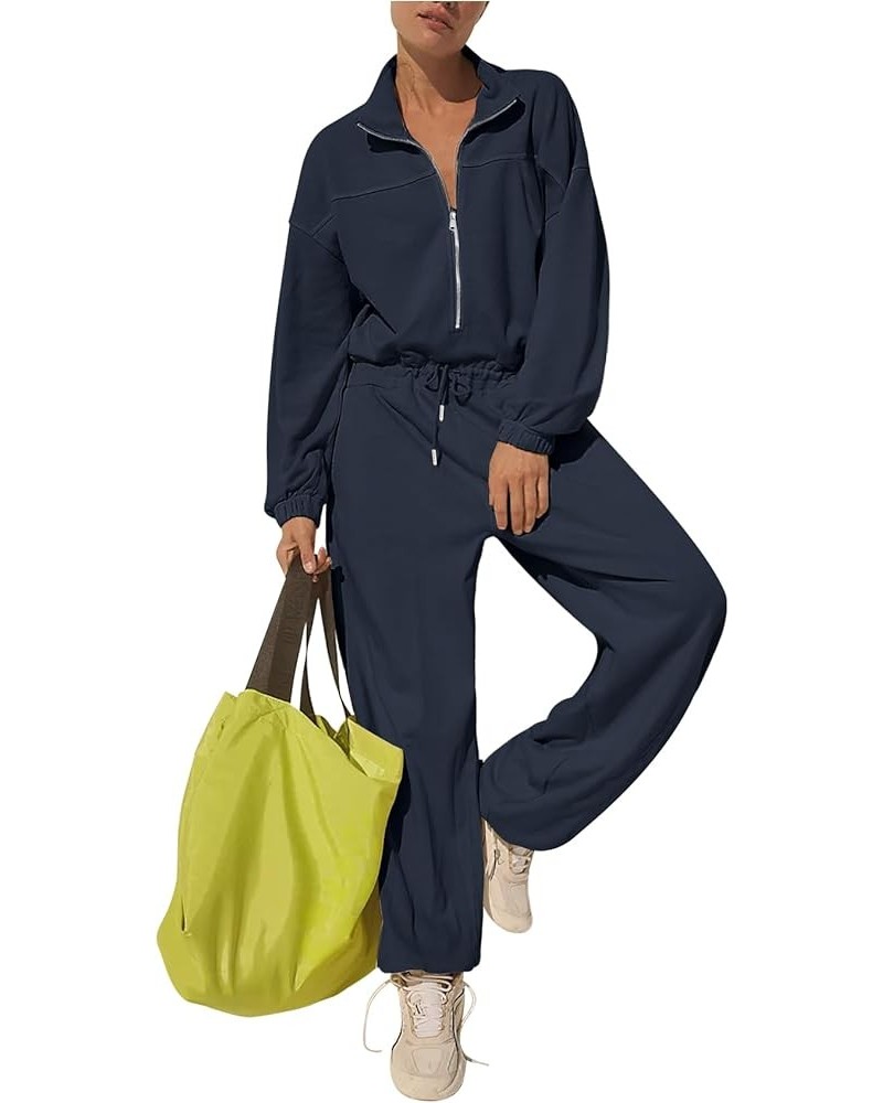 Women's Jumpsuits Zipper Casual One Piece Outfits Long Sleeve High Waisted Belted Wide Leg Romper with Pockets Navy Blue $28....