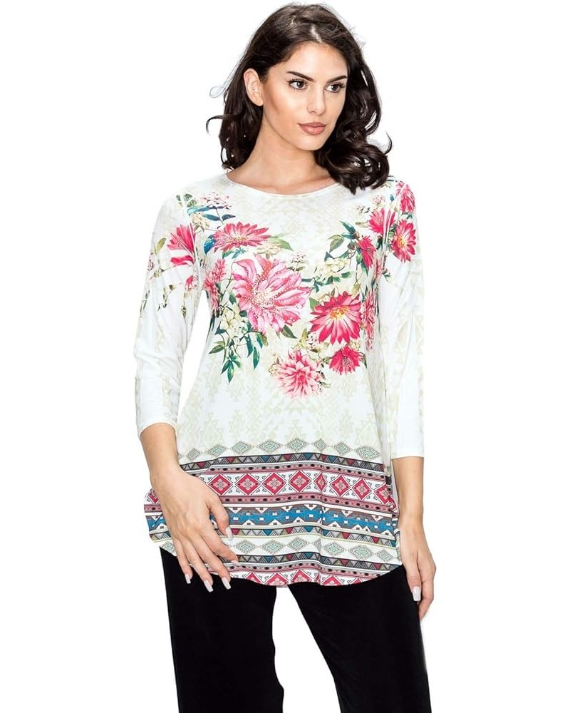 Women's Print Tunic Top - 3/4 Sleeve Round Hem Sublimation Printed T Shirts U186 Ivory $12.30 Tops