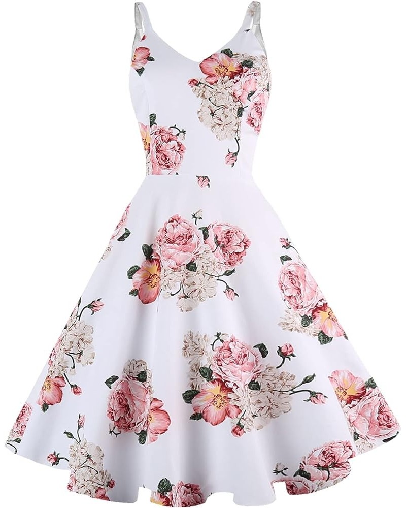 Women's 1950s Retro Vintage Spaghetti Strap Cocktail Swing Dresses with Pockets White Pink Flower $18.01 Shoes