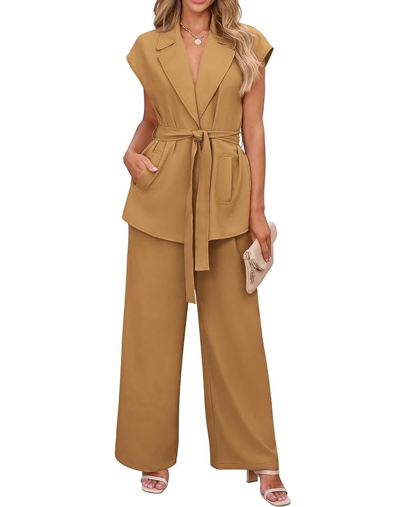 Women's Summer 2 Piece Outfits 2024 Cap Sleeve V Neck Blazer Vest Wide Leg Pant Sets Office Work Clothes Solid Brown Yellow $...