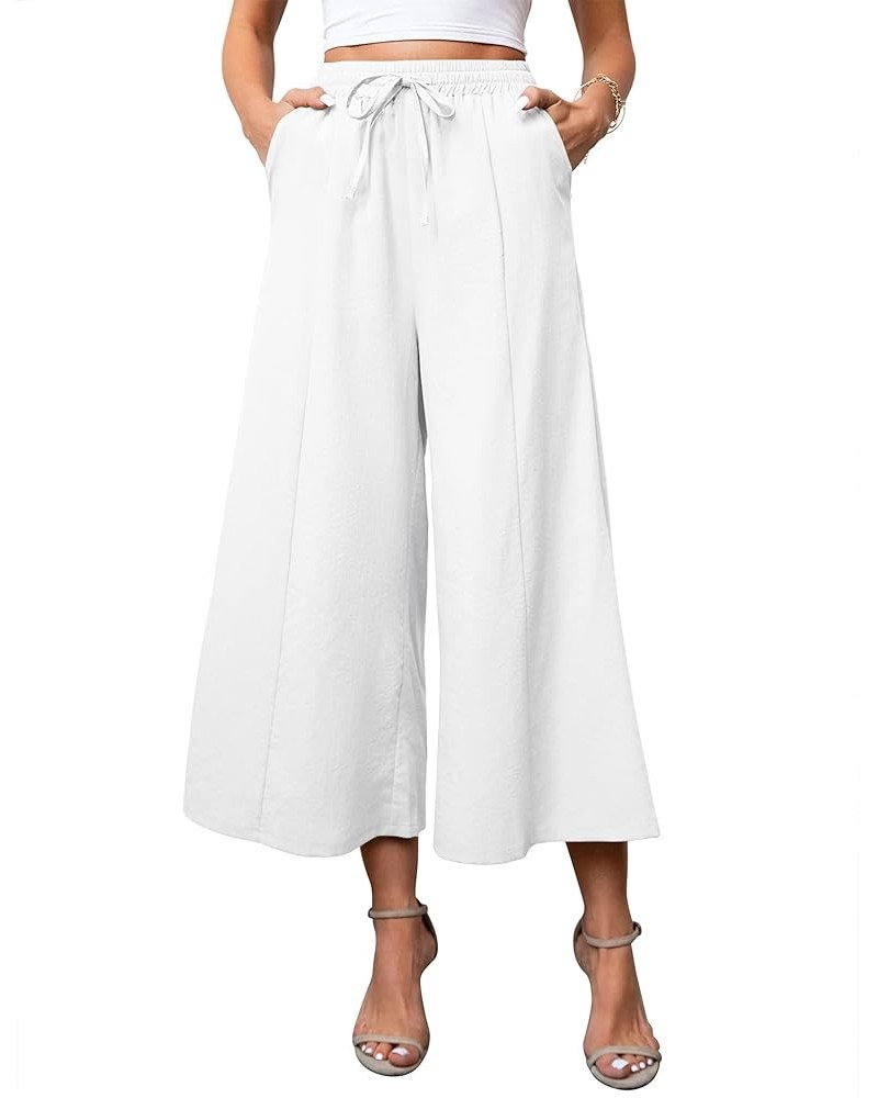 Women Linen Pants Palazzo Wide-Leg Drawstring Casual Loose Crop Elastic Waist Cotton Beach Pants Culottes Trousers White $17....