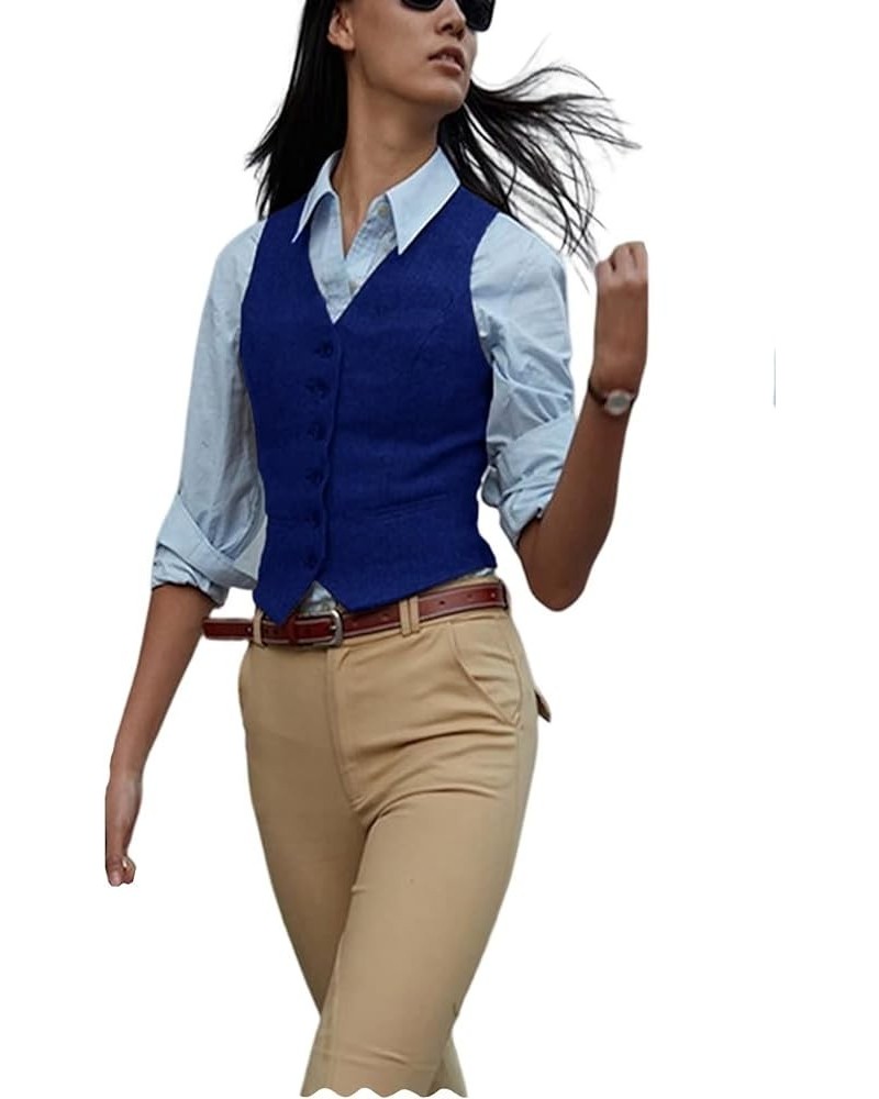 Women's Herringbone Tweed Waistcoat Slim Fit V-Neck Dressy Suit Vest Royal Blue $13.18 Vests