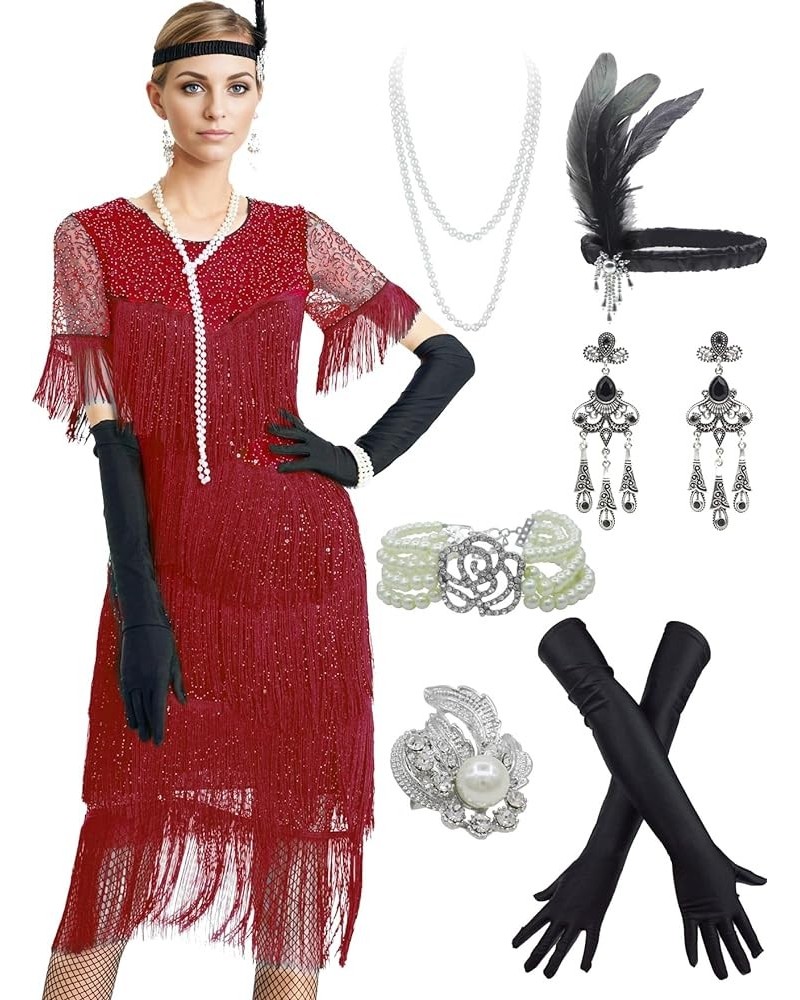 1920s Sequin Vintage Dress Beaded Gatsby Flapper Dress with Accessories Set Tassel 2 & Red $30.55 Sets