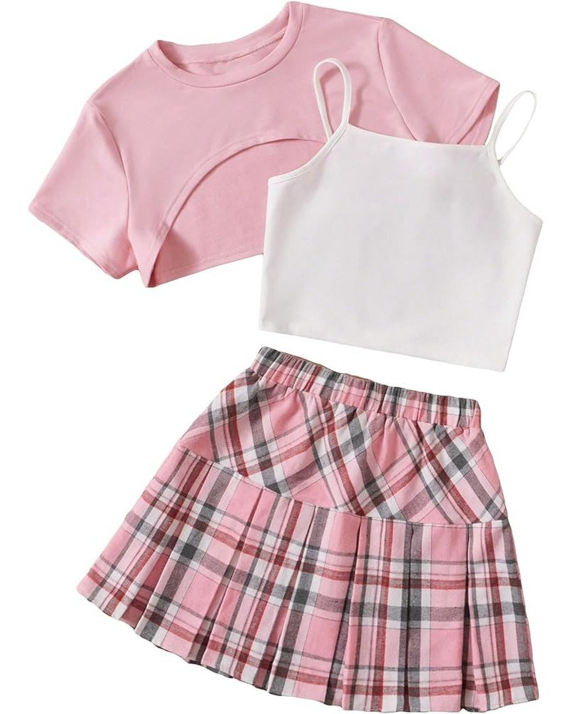 Women's 3 Piece Outfit Cami Top Cropped Tee Top and Plaid Pleated Skirt Pink White $17.35 Suits