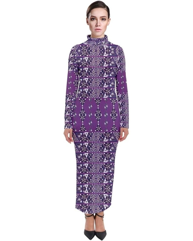 Womens Long Sleeve Dress Oriental Damask Arabesque Floral Aztec African Print Sexy Turtleneck Maxi Dress Purple 2 $13.86 Dresses