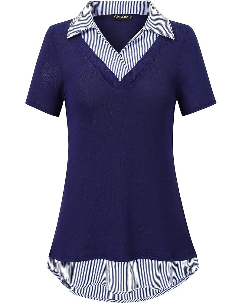 Women's Long Sleeve Contrast Collared Shirts Patchwork Work Blouse Tunics Tops 2-navy Blue Stripes-2 $11.92 Blouses