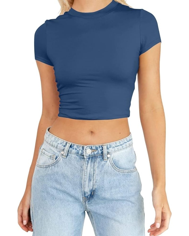 Women's Casual Basic Going Out Crop Tops Slim Fit Short Sleeve Crew Neck Tight T Shirts 2-navy $7.69 T-Shirts