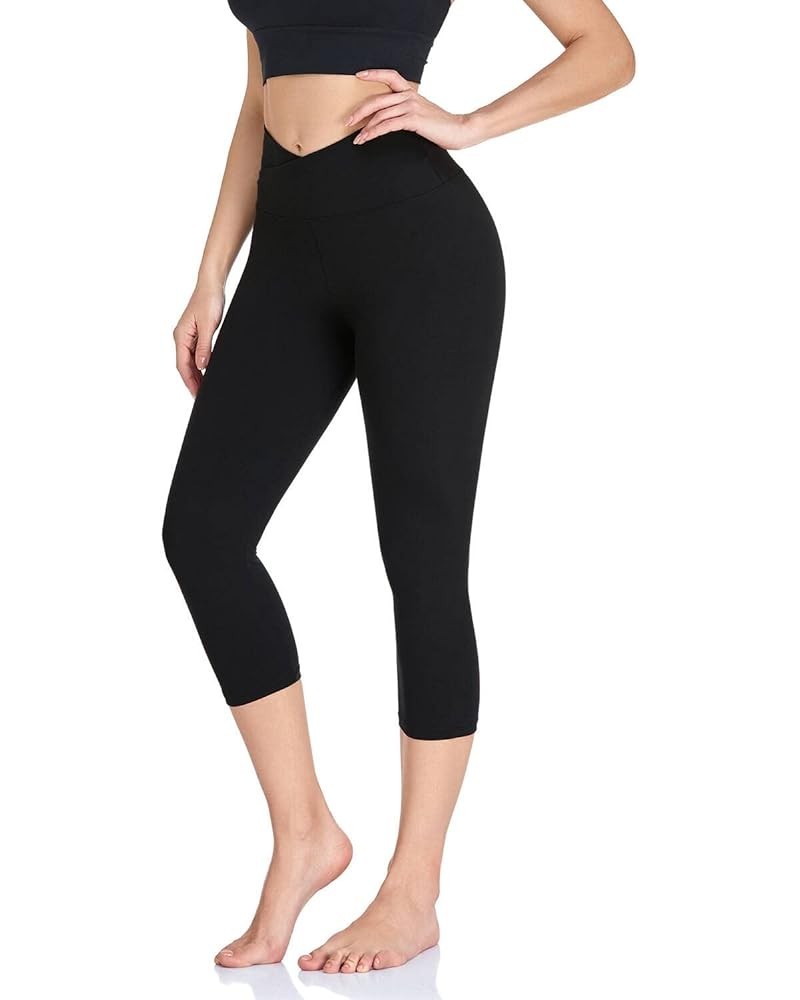 V Cross Waist Leggings for Women-Tummy Control Soft Workout Running High Waisted Non See Through Black Yoga Pants Capri-black...