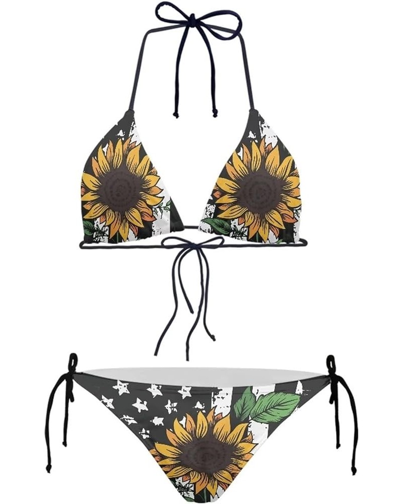 Two Piece Bikini for Women Swimwear Low Waisted Sexy Bathing Suit Push Up Triangle Swimsuit XS-2XL Sunflower American Flag $1...