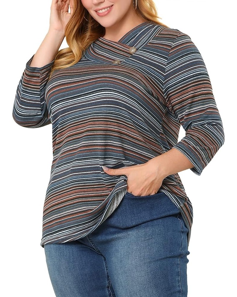 Women's Plus Size Tee Shirt Stripe Boho 3/4 Sleeve Tunic Top V Neck Knit Blouse Blue $11.37 Tops