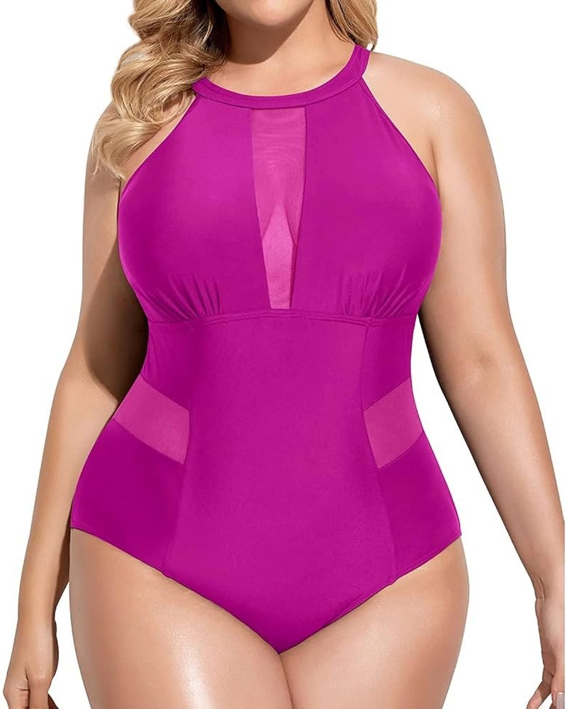 Plus Size One Piece Swimsuit for Women High Neck Plunge Mesh Cut Out Bathing Suits Hot Pink $20.07 Swimsuits