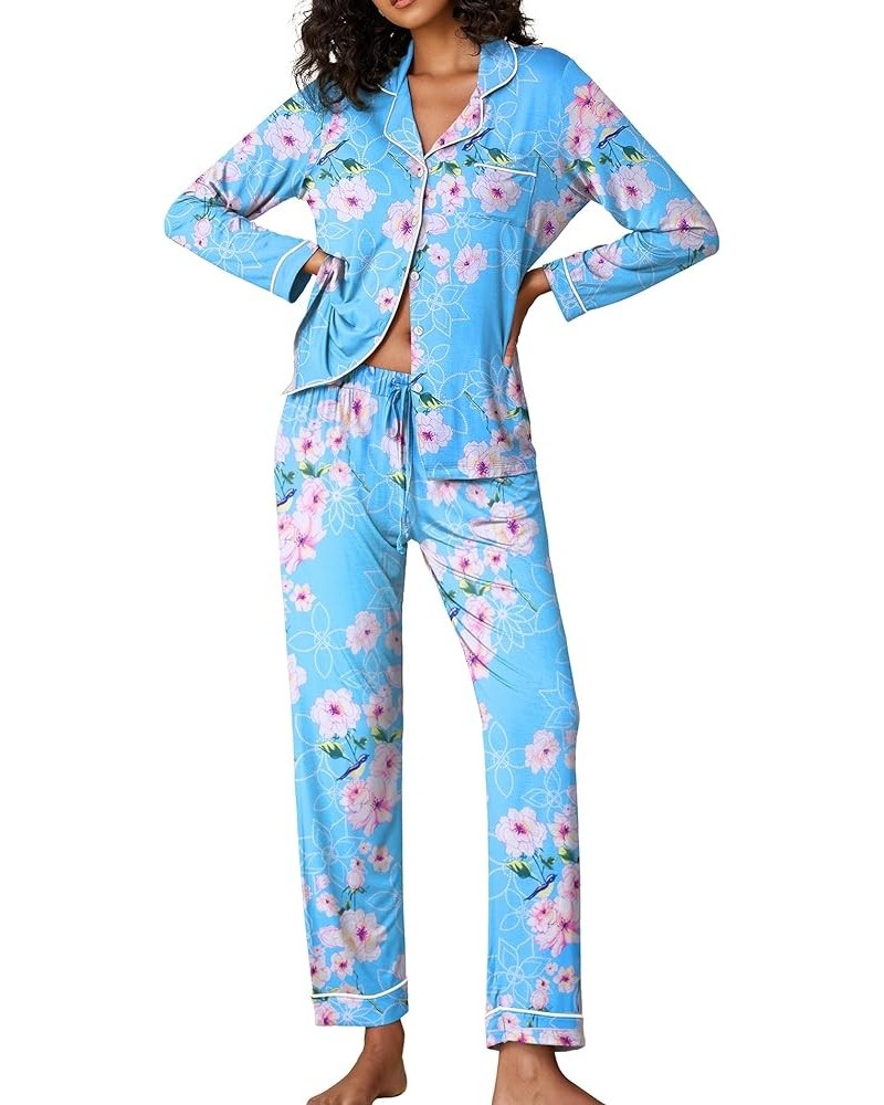 Pajamas Women's Long Sleeve Sleepwear Soft Button Down Loungewear Pjs Lounge Set Nightwear XS-XXL Floral48 - Light Blue $24.4...