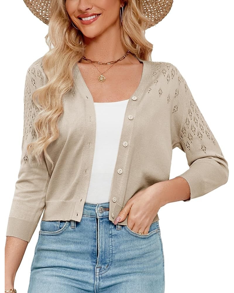 Women's Cropped Cardigan 3/4 Sleeve Button Down Knit Bolero Shrug Open Front Lightweight Hollowed-Out Sweater Tops Khaki $14....