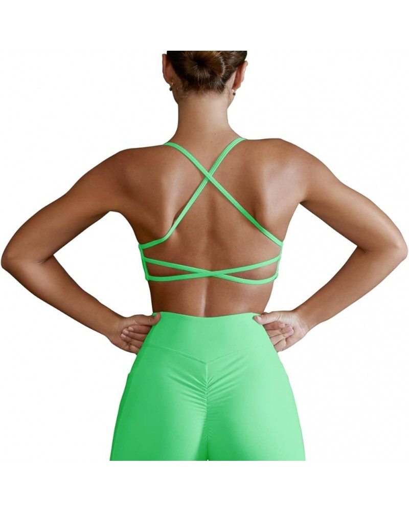 Womens Open Back Strappy Sports Bra Light Support Yoga Workout Padded Bras Green $12.38 Lingerie