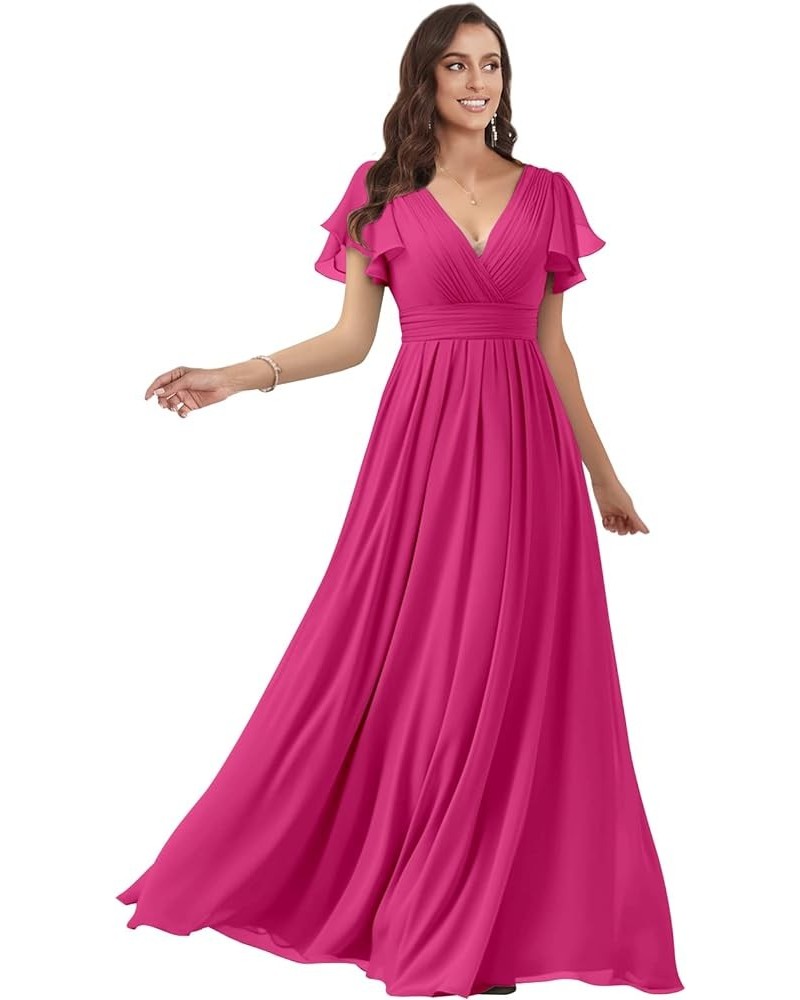 Women's V Neck Bridesmaid Dresses for Wedding Fultter Sleeve Chiffon Long Formal Evening Gown with Pockets Hot Pink $33.60 Dr...