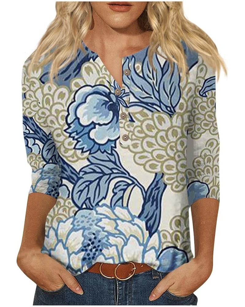 Womens 3/4 Sleeve Tops Button Down Shirts Trendy Plus Size Crewneck Sweatshirts Dressy Casual V Neck Floral Blouses 02-blue $...