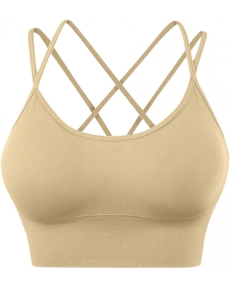 Women Bras Plus Size Womens Back Sport Bras Padded Strappy Cropped Bras for Yoga Workout Fitness Low Impact Beige $10.44 Ling...