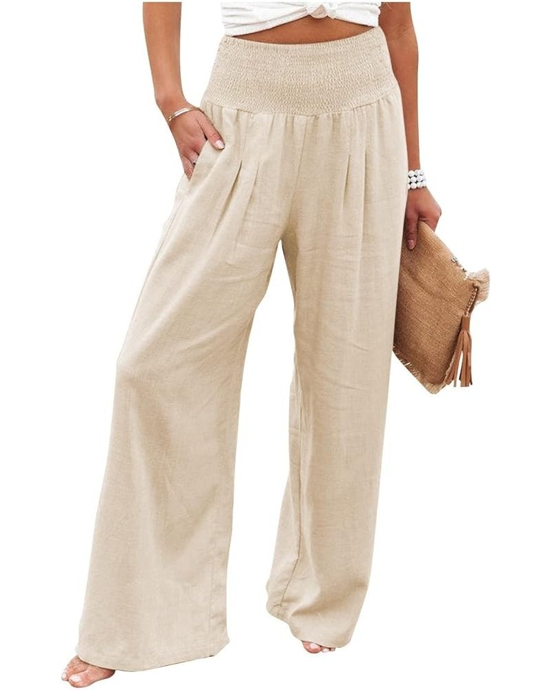 Linen Pants for Women Summer Casual Trendy High Waist Palazzo/Crop Pants Elastic Baggy Beach Wide Leg Pants Trousers A Khaki ...