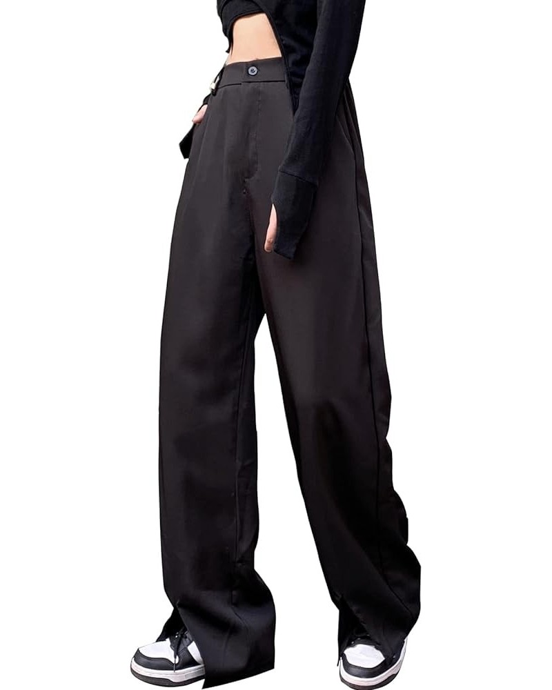 Womens Casual High Waisted Work Pants Y2K Fashion Slit Hem Straight Leg Trousers Black $15.10 Pants