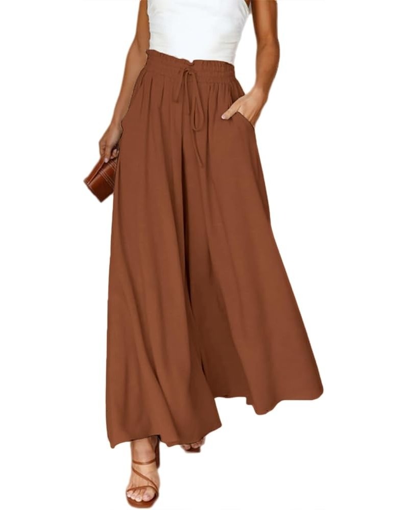 Women's Casual Wide Leg Pants Flowy Ruffle Elastic Drawstring Waist Beach Palazzo Loose Pants with Pockets 1 Brown $13.49 Pants