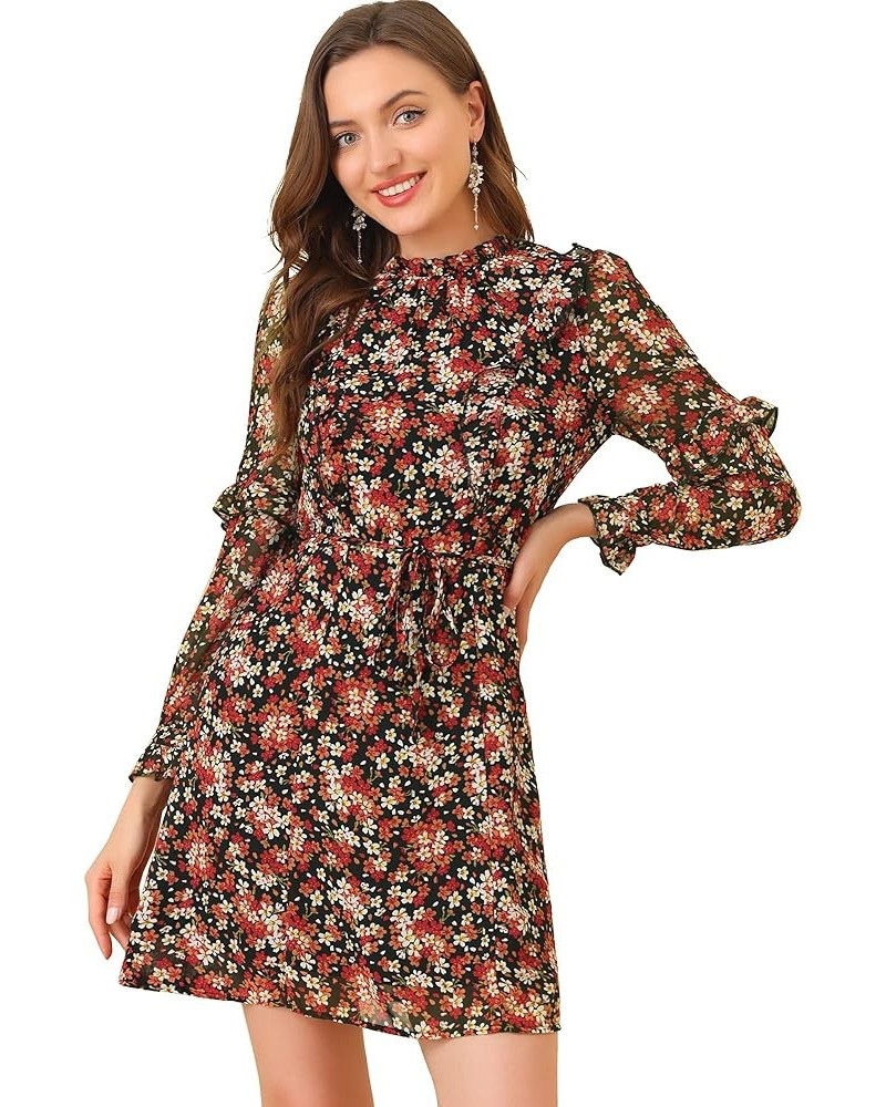 Women's Floral A-line Ruffle Mock Neck Tie Waist Chiffon Dress Black Red $10.78 Dresses