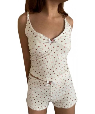 Women Y2k Pajamas Sets 2 Piece Outfits Sleeveless Lace Camisole and Shorts Lounge Set Sleepwear White $9.71 Sleep & Lounge