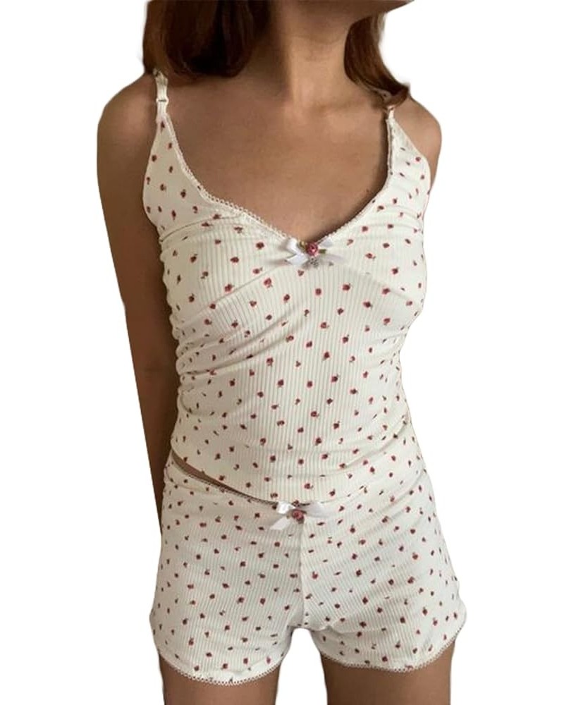 Women Y2k Pajamas Sets 2 Piece Outfits Sleeveless Lace Camisole and Shorts Lounge Set Sleepwear White $9.71 Sleep & Lounge