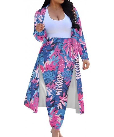 Womens Hawaiian Tropical Printed 2 Piece Outfit Open Front Coat and Pencil Pant Suits Set Leaf Rose Purple $18.33 Suits