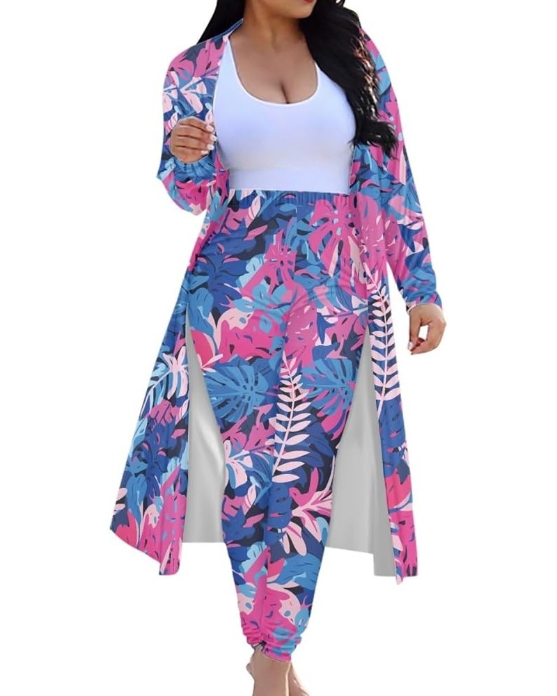 Womens Hawaiian Tropical Printed 2 Piece Outfit Open Front Coat and Pencil Pant Suits Set Leaf Rose Purple $18.33 Suits