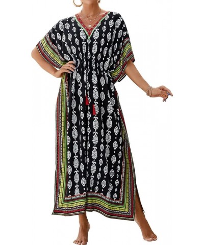 Geometric Ethnic Print Kaftan Dresses for Women Caftan Loungewear with Waist Drawstring B-black Green $16.10 Swimsuits