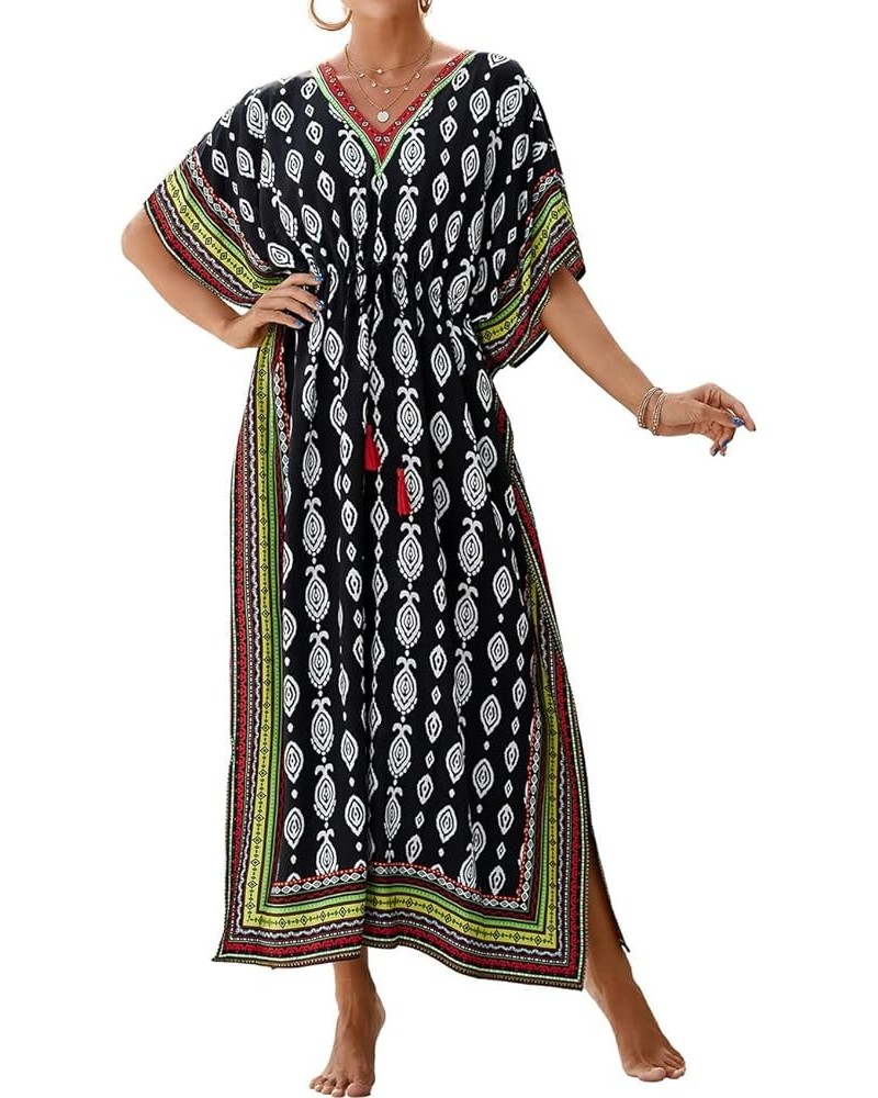 Geometric Ethnic Print Kaftan Dresses for Women Caftan Loungewear with Waist Drawstring B-black Green $16.10 Swimsuits