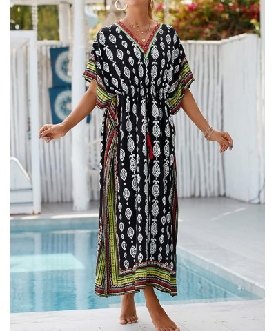 Geometric Ethnic Print Kaftan Dresses for Women Caftan Loungewear with Waist Drawstring B-black Green $16.10 Swimsuits