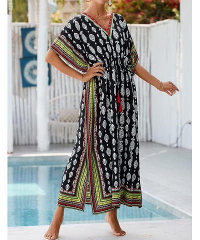 Geometric Ethnic Print Kaftan Dresses for Women Caftan Loungewear with Waist Drawstring B-black Green $16.10 Swimsuits