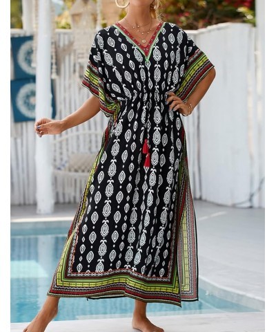 Geometric Ethnic Print Kaftan Dresses for Women Caftan Loungewear with Waist Drawstring B-black Green $16.10 Swimsuits