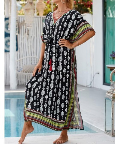 Geometric Ethnic Print Kaftan Dresses for Women Caftan Loungewear with Waist Drawstring B-black Green $16.10 Swimsuits