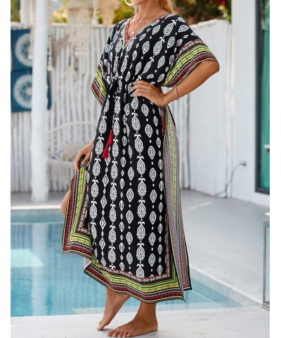 Geometric Ethnic Print Kaftan Dresses for Women Caftan Loungewear with Waist Drawstring B-black Green $16.10 Swimsuits