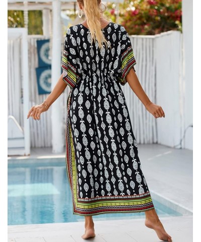 Geometric Ethnic Print Kaftan Dresses for Women Caftan Loungewear with Waist Drawstring B-black Green $16.10 Swimsuits