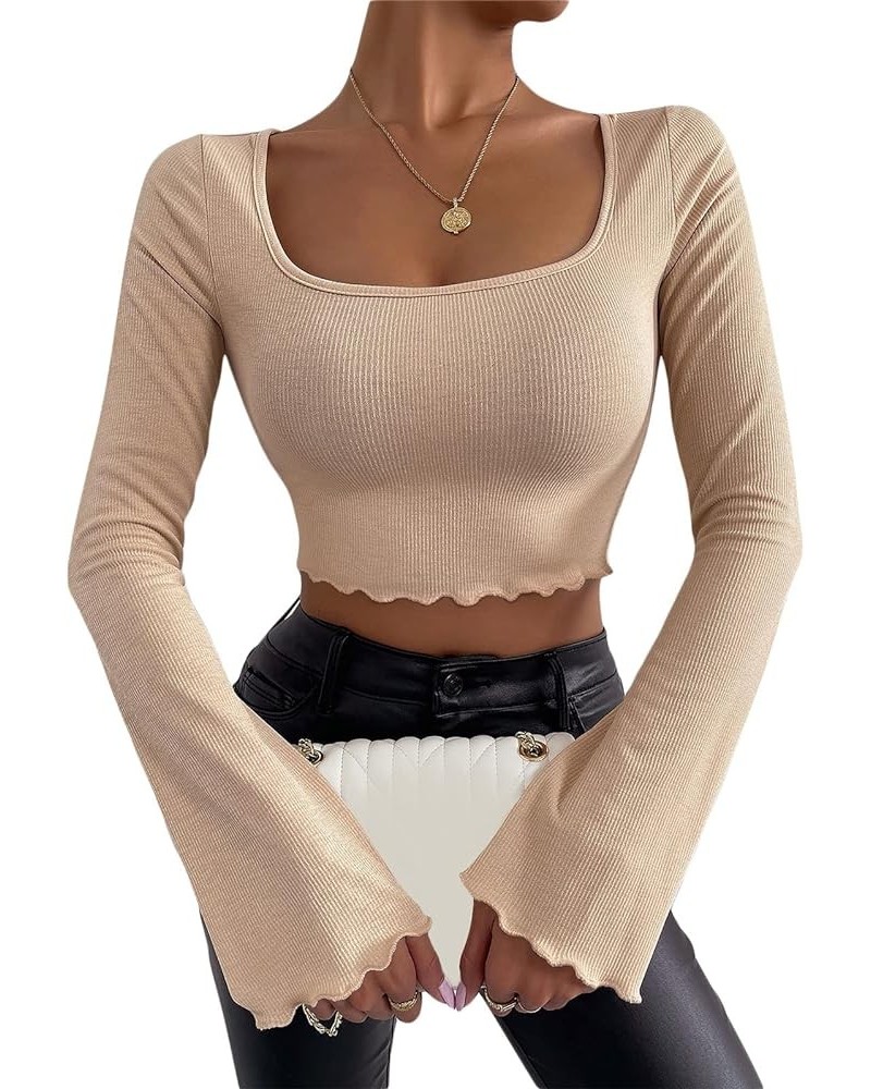 Women's Slim Sweater Knitwear Solid Color Sexy Ribbed Off Shoulder Long Sleeve Square Neck Knitting Tops Pullovers F-apricot ...