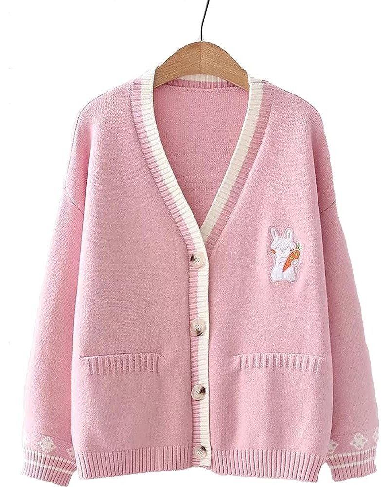 Women's Kawaii Rabbit Embroidery Knit Cardigan Buttons Color Block Sweater Coat with Pockets 2_pink $15.15 Sweaters