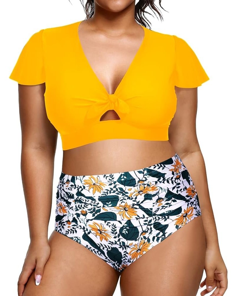 Womens Two Piece Plus Size Bikini Set High Waisted Swimsuits Tummy Control Bathing Suits Short Sleeve Swimwear Yellow and Flo...