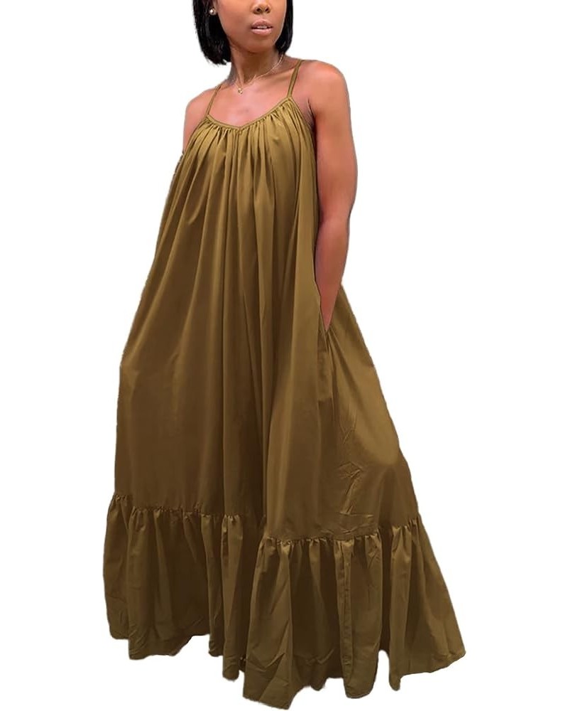 Women's Sexy Spaghetti Strap Sleeveless Ruched Ruffle Hem Bandage Oversized Beach Loose Long Maxi Swing Dress Dark Khaki $17....