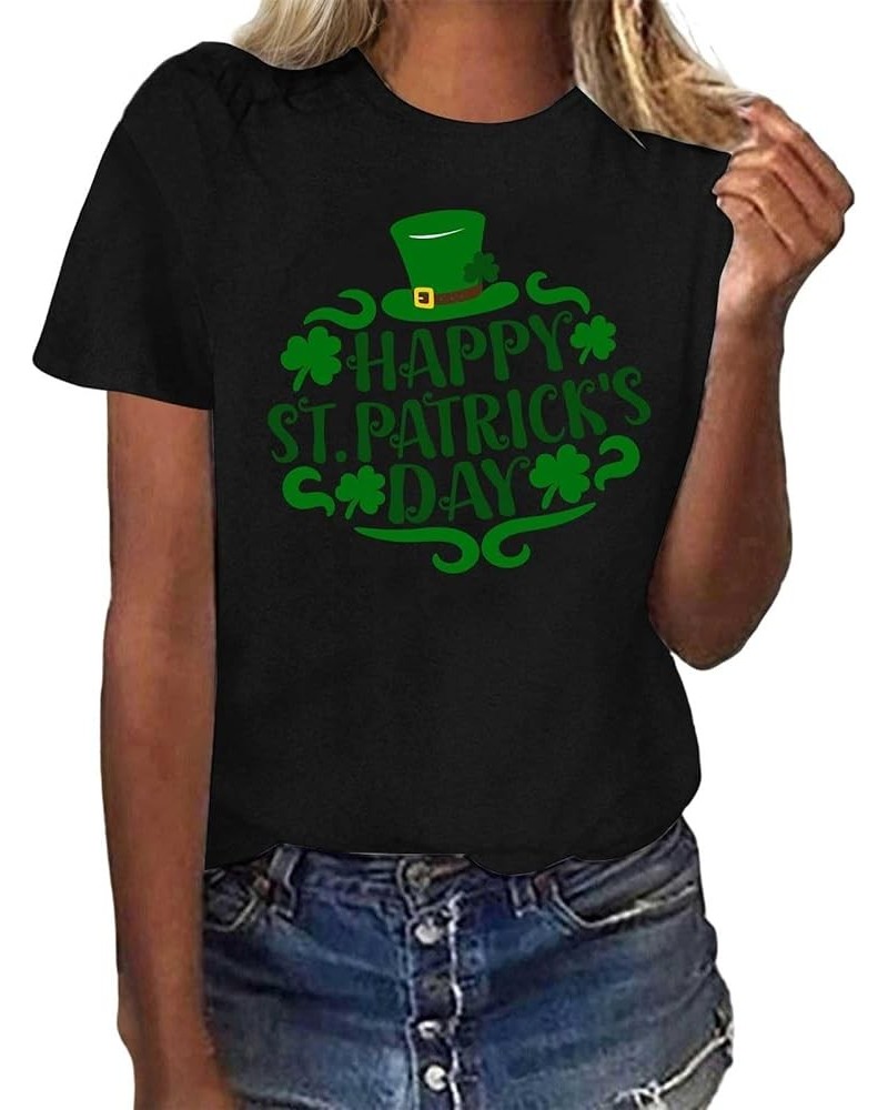 Happy St. Patrick's Day Solid Tops Women Summer Cute Irish Loose Fit Short Sleeve Shamrock Lucky Tshirts Workout Club Z11_bla...