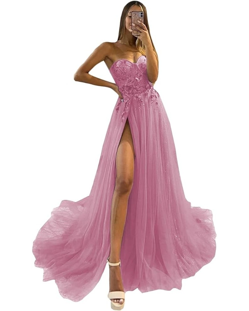 Sparkle Tulle Prom Dresses 2024 Sweetheart 3D Appliques Wedding Dresses Long Formal Evening Ball Gowns with Slit Dusty Pink $...