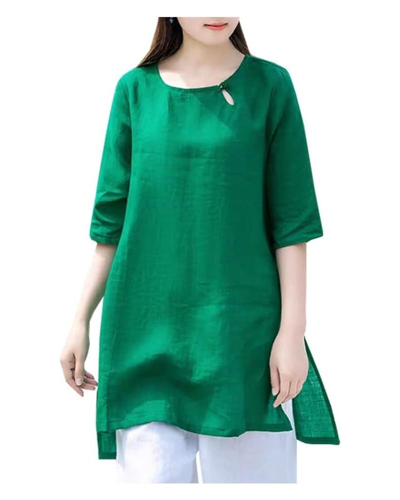 Women's Summer Cotton Linen Blouse Half Sleeve Round Neck Solid Tunic Shirt Top Green $11.19 Blouses