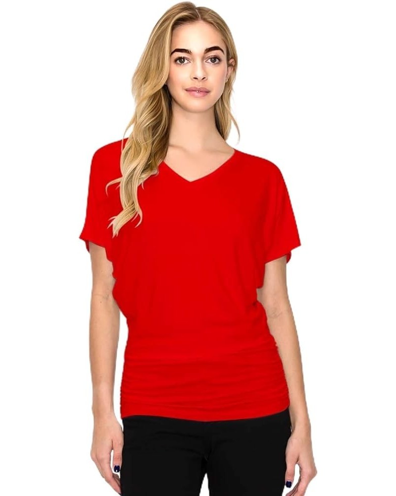 Women's Solid Short Sleeve Boat Neck V Neck Dolman Top with Side Shirring Red_2306 $13.54 T-Shirts