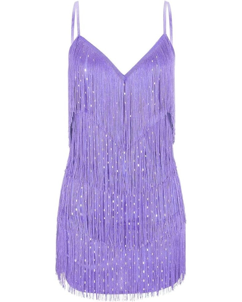 Cocktail Dresses for Women Sexy Deep V-Neck All-Over Fringe Spaghetti Straps Dress Sequins Feather Prom Party Dress 4-purple ...