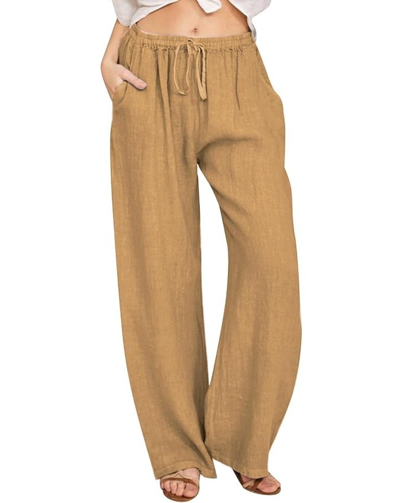 Linen Pants Women Summer Drawstring High Waist Wide Leg Long Pants Loose Casual Straight Leg Trousers with Pockets 04-yellow ...